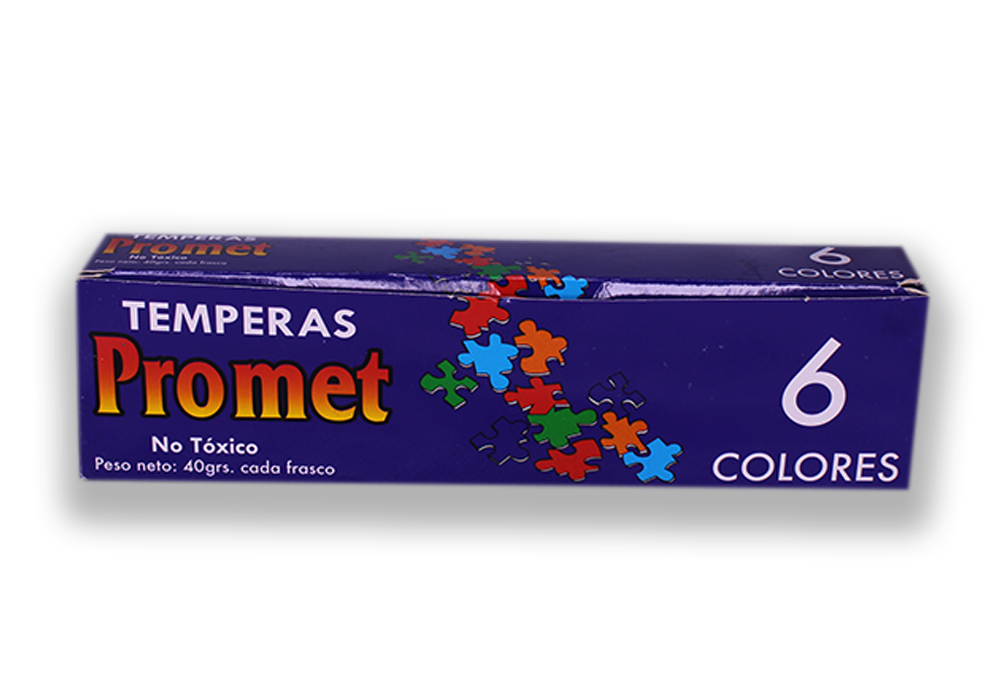 Caja tempera 6 colores de 45 gr, marca Promet.
